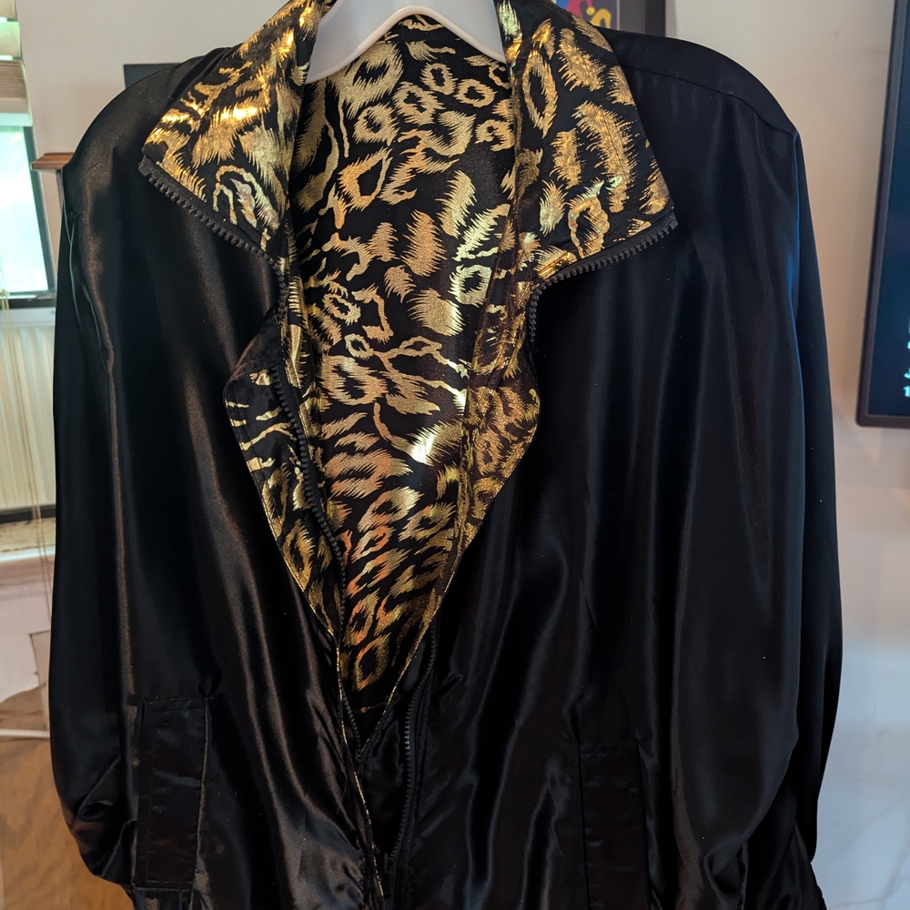 Gold and Black Bomber Jacket with Leopard Accents
